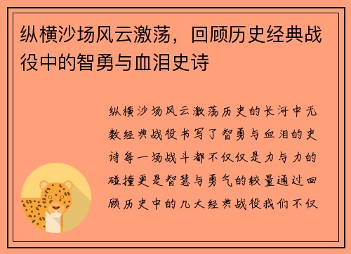 纵横沙场风云激荡，回顾历史经典战役中的智勇与血泪史诗